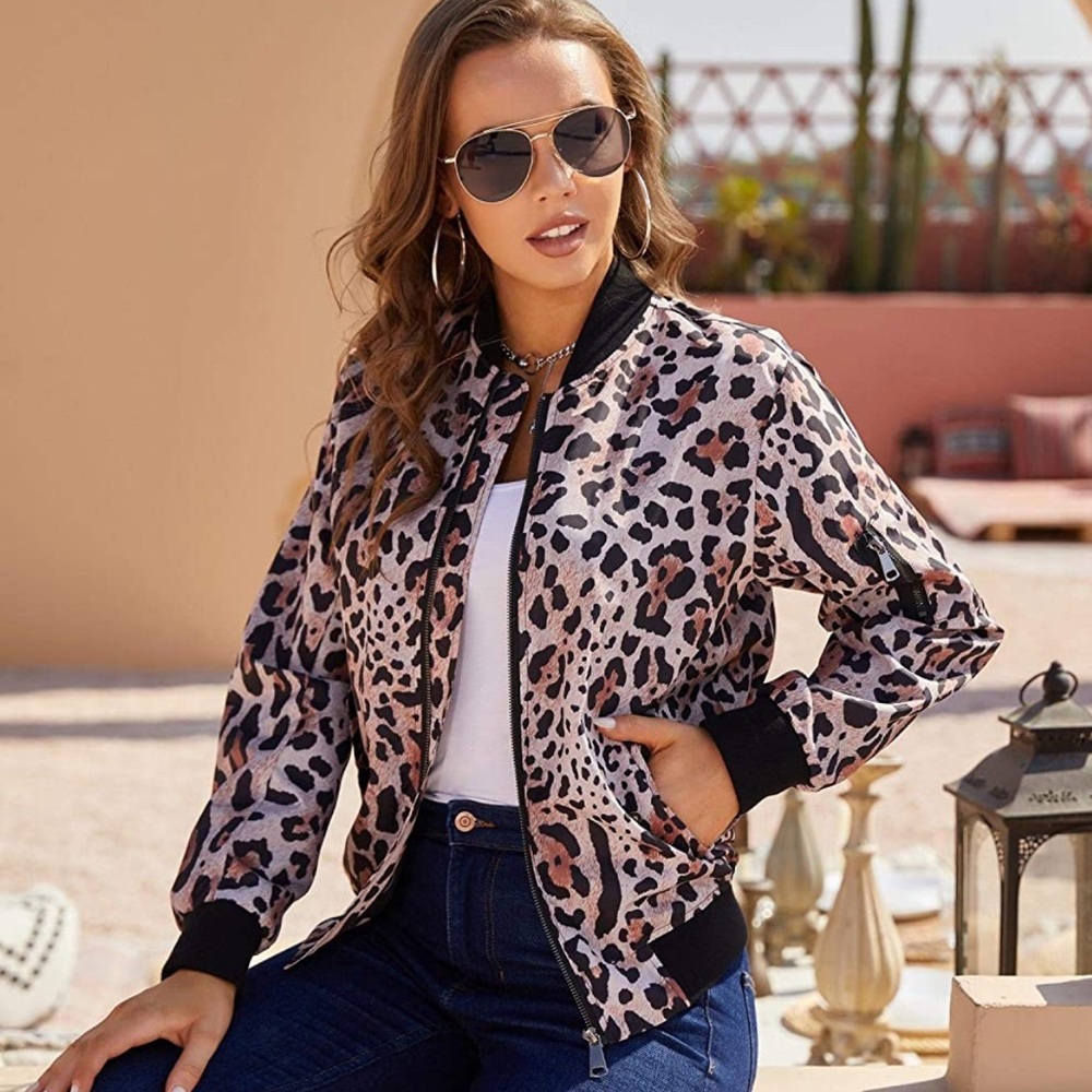 Leopard Nylon Bomber Jacket Lightweight NWT Medium Black Tan Brown Zip Front